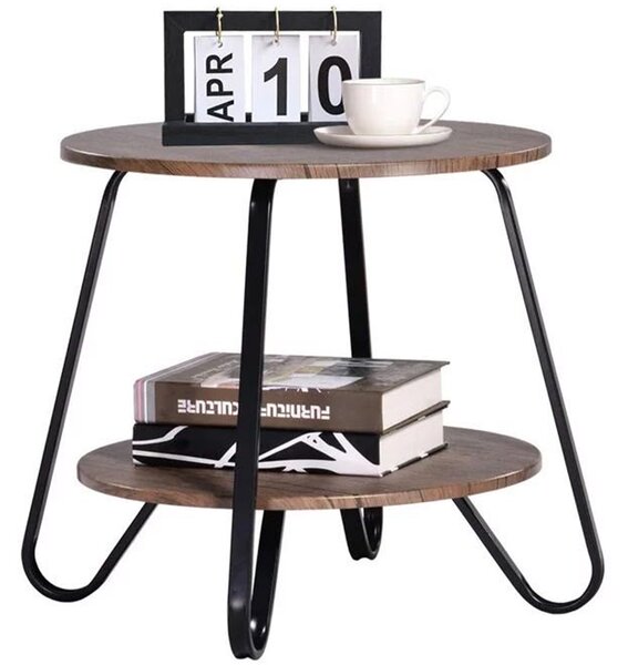 Tavolino Tavolo Moderno Design Rotondo con Struttura Nera Piano Noce Salvaspazio
