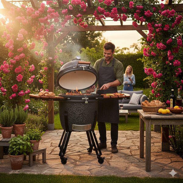 Barbecue a Carbone Carbonella Ø54,7 cm in Ceramica di Mullite con Supporto Kamado Lisa Luxury 21” Nero