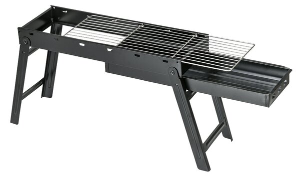 Barbecue a Carbonella Portatile con Gambe Pieghevoli e Vassoio Estraibile 74x20x38 cm in Metallo Nero