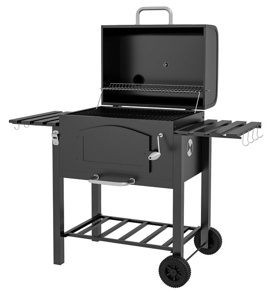 Barbecue da Giardino a 2 Ruote con Griglia Affumicatore e Fornello 124x66x112 cm in Metallo e Ghisa Nero