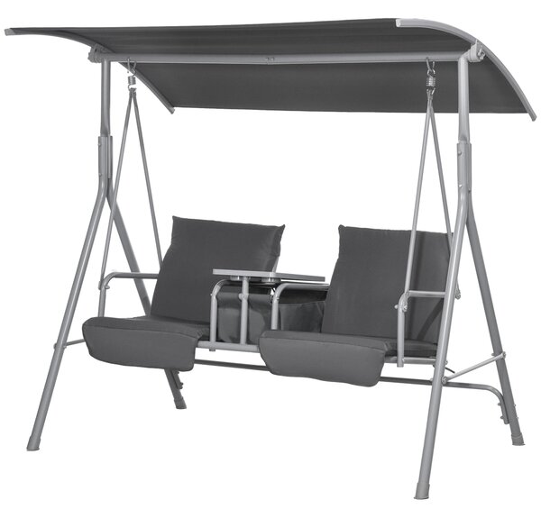 Dondolo 2 Posti con Tavolino e Portabicchieri 175x110x165 cm in Metallo e Poliestere Grigio