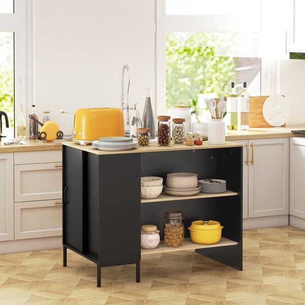 Isola da Cucina con Ripiani 14,5x70x90 cm Portacoltelli e Armadietto con Anta Scorrevole Nero