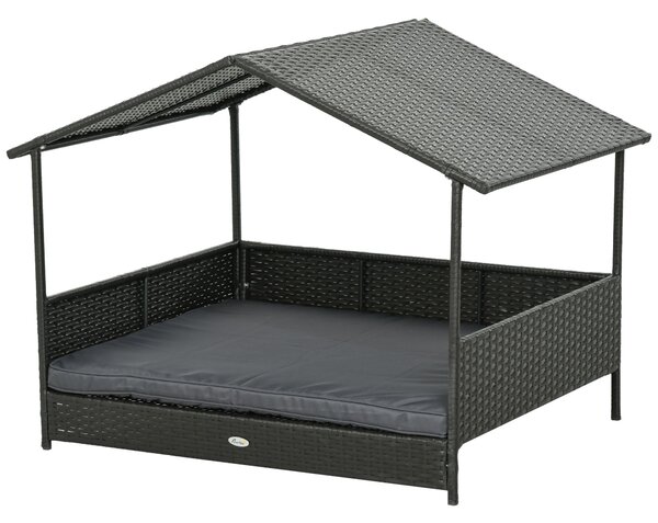Casetta per Cani Rialzata con Cuscino Sfoderabile 117x85x89 cm in Rattan PE e Acciaio Grigio e Marrone