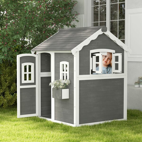 Casetta per Bambini 3-8 Anni con 6 Finestre e Fioriera 104,5x110x137 cm in Legno di Abete Grigia