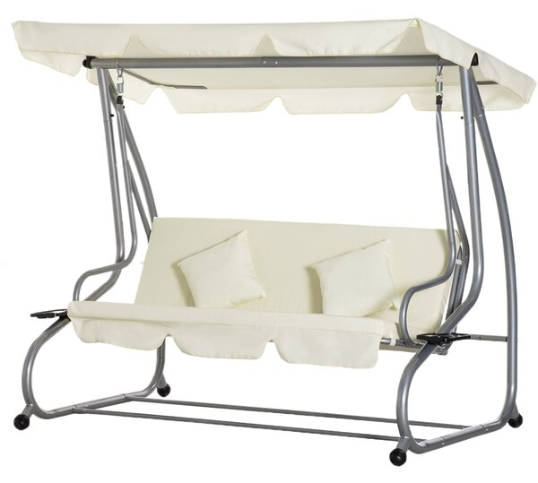 Dondolo Letto da Giardino 3 Posti 200x120x164 cm con Tetto Regolabile e 2 Portabicchieri Crema