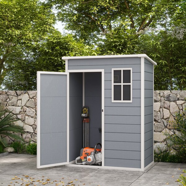 Casetta da Giardino Porta Attrezzi 151x92x193/184 cm con Porta Bloccabile Finestra e Presa d'Aria Grigio