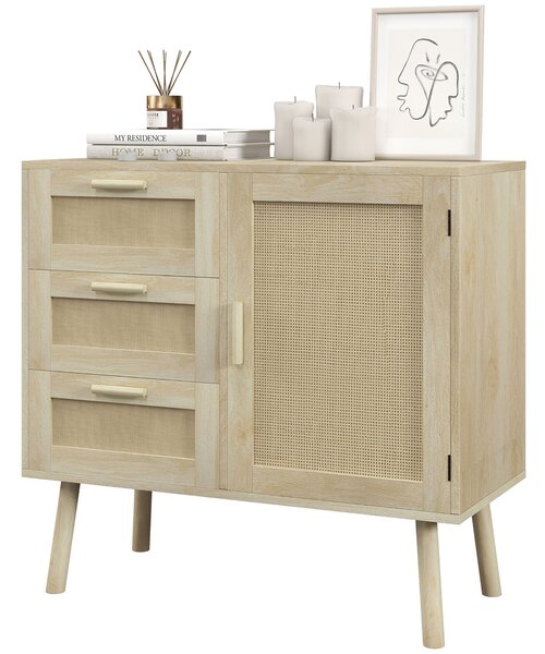 Mobile Multiuso Stile Boho con Armadietto e 3 Cassetti 80x36x75 cm in Legno e Rattan Rovere