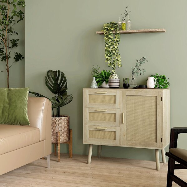 Mobile Multiuso Stile Boho con Armadietto e 3 Cassetti 80x36x75 cm in Legno e Rattan Rovere