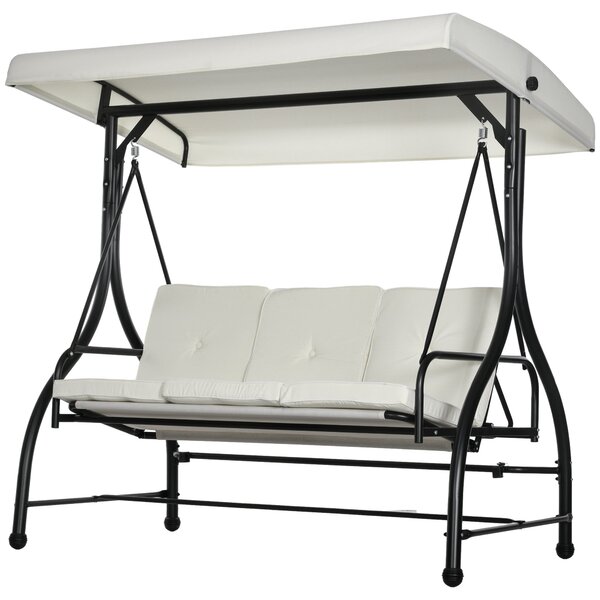 Dondolo Letto da Giardino 3 Posti con Tettuccio Regolabile 195x117x175 cm in Acciaio e Poliestere Crema e Nero