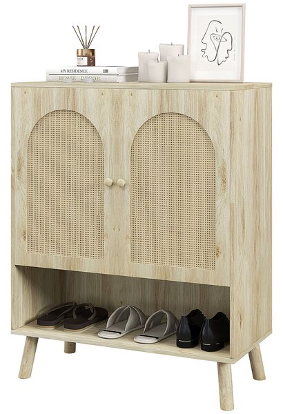 Mobile Multiuso in Stile Boho 80x38x100 cm con Ante in Rattan e Ripiano Aperto Rovere