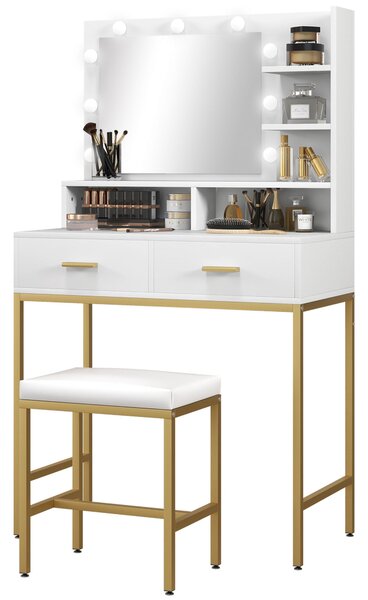 Mobile Toeletta con Specchio 2 Cassetti 5 Ripiani e Sgabello 80x40x138 cm in MDF e Truciolato Bianco