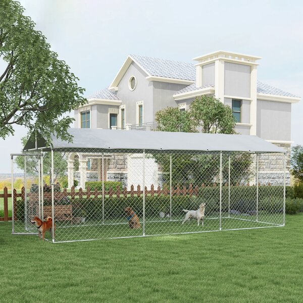 Kennel per Cani da Esterno 6x2,3x2,3m con Tetto Impermeabile in Tessuto Oxford e Acciaio Argento