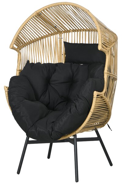 Poltrona da Giardino a Uovo con Poggiatesta e Cuscini per Seduta 89x75x143 cm in Rattan e Acciaio Sabbia e Nero
