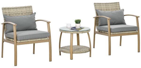 Set Salotto da Giardino con 2 Poltroncine con Cuscini e Tavolino in Vetro in Rattan Marrone e Grigio