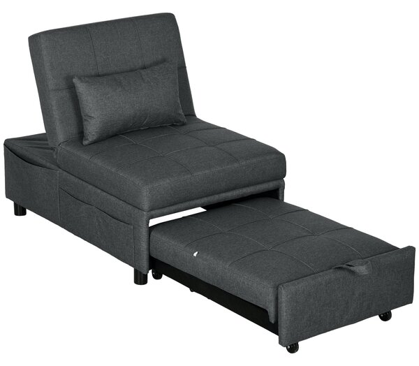 Poltrona Letto Singolo 3 in 1 Reclinabile a 3 Livelli con Cuscino 65,5x104x81 cm in Tessuto Effetto Lino Grigio