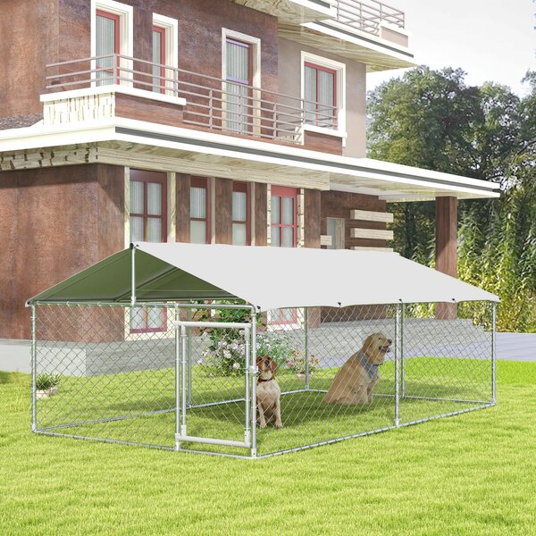 Recinto per Cani Grandi fino 30kg per Esterno 4x2,3x1,5m con Tetto Impermeabile e Anti-UV Argento
