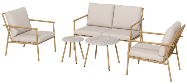 Set Salotto da Giardino con Divano 2 Poltroncine e 2 Tavolini Effetto Bambù con Cuscini Marrone