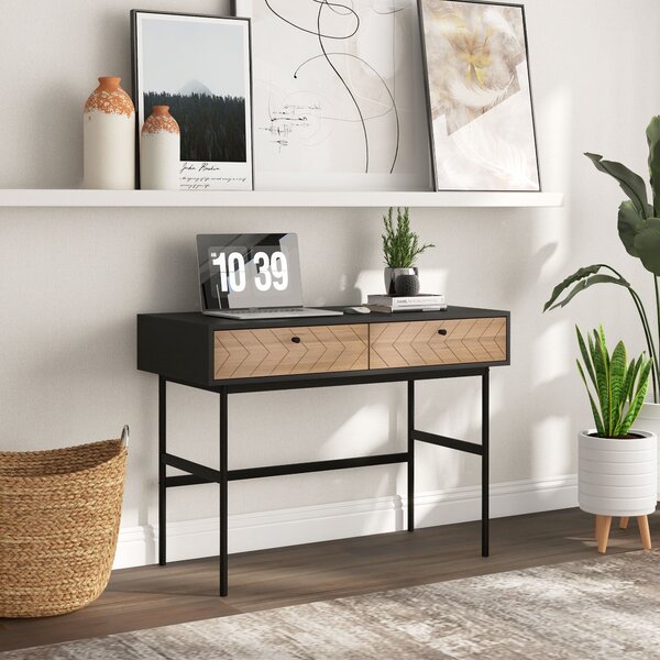 Scrivania da Ufficio Moderna con 2 Cassetti 106x50x77 cm in Acciaio e MDF Nero e Rovere