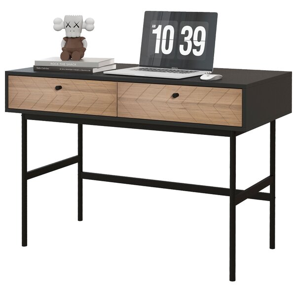 Scrivania da Ufficio Moderna con 2 Cassetti 106x50x77 cm in Acciaio e MDF Nero e Rovere