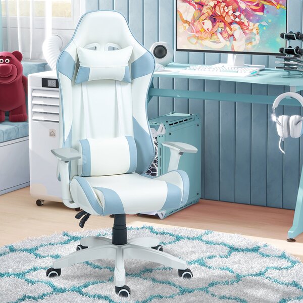 Sedia da Gaming Reclinabile 135° con Poggiatesta e Supporto Lombare 67x60x120-128 cm in Similpelle Azzurro