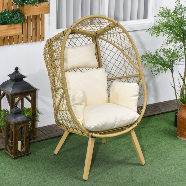 Sedia da Giardino a Uovo con Seduta Imbottita e Poggiatesta 88x85x143 cm in Rattan PE e Acciaio