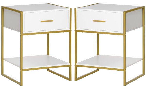 Set 2 Comodini Moderni con Cassetto e Ripiano Aperto 45x40x60 cm in MDF e Acciaio Bianco e Oro