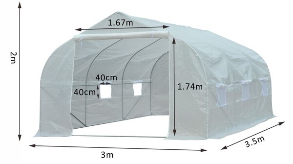 Serra a Tunnel per Esterni con 6 Finestre a Rete 3,5x3 m in Metallo e Plastica PE Bianca