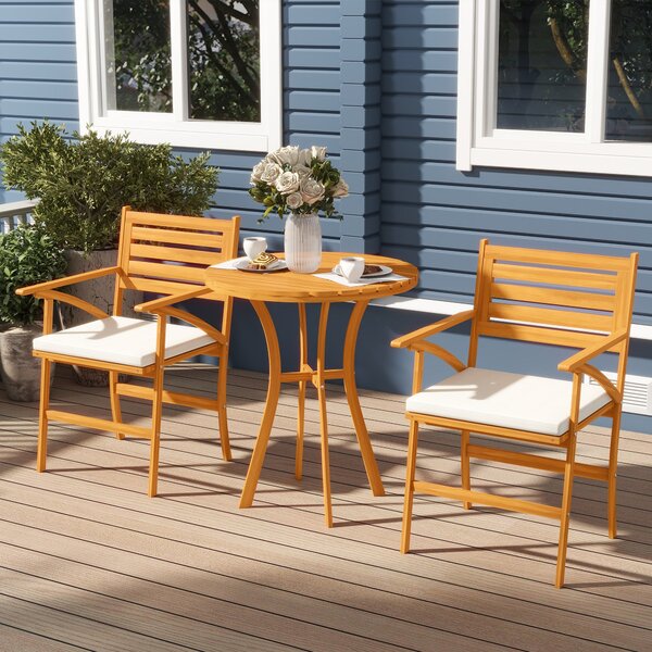 Set Tavolo e 2 Sedie con Cuscini da Giardino in Legno di Pino Naturale