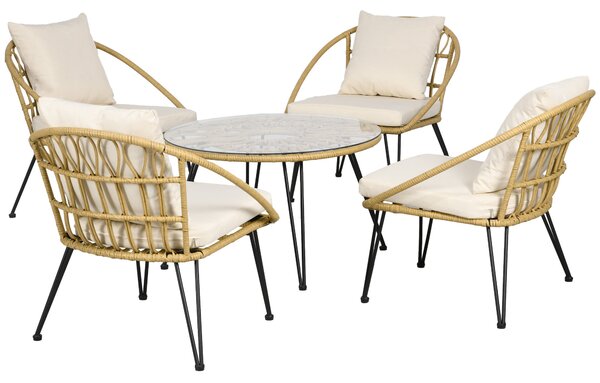 Set Tavolino con Vetro Temperato e 4 Sedie con Cuscini da Giardino in Acciaio e PE Rattan Giallo Nero e Beige