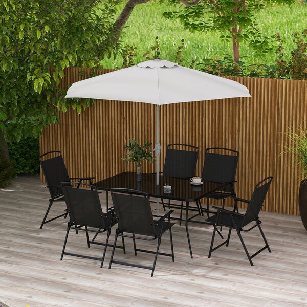 Set Tavolo con Top in Vetro 6 Sedie Pieghevoli e Ombrellone a Manovella da Giardino in Metallo e Rete Grigio e Nero