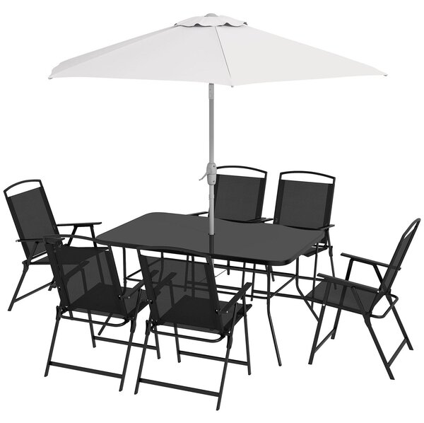 Set Tavolo con Top in Vetro 6 Sedie Pieghevoli e Ombrellone a Manovella da Giardino in Metallo e Rete Grigio e Nero