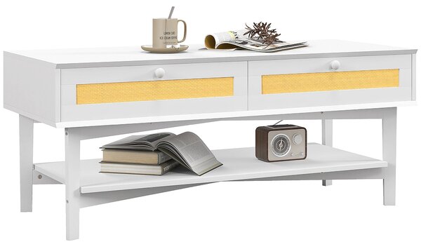Tavolino da Caffè Boho con 2 Cassetti e Ripiano 120x50x50 cm in Rattan e Truciolato Bianco e Legno