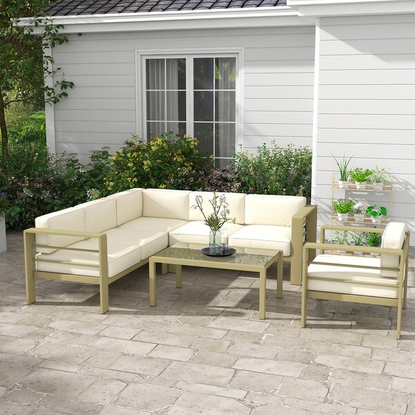 Set Salotto da Giardino Divano Angolare Poltrona e Tavolino da Caffè in Alluminio Oro e Bianco Crema