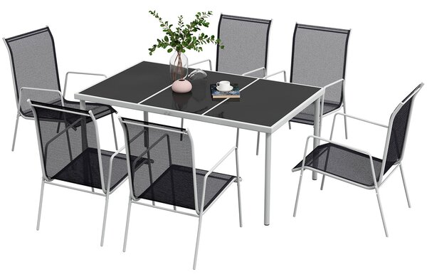 Set Tavolo con Top in Vetro 6 Sedie Impilabili da Giardino in Acciaio e Textilene Nero