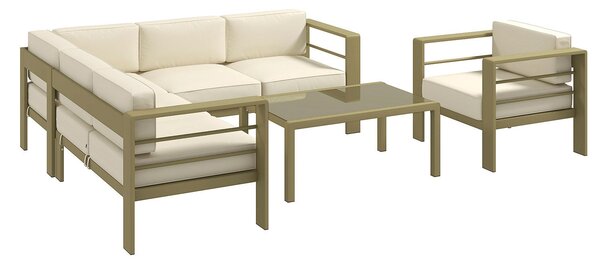 Set Salotto da Giardino Divano Angolare Poltrona e Tavolino da Caffè in Alluminio Oro e Bianco Crema