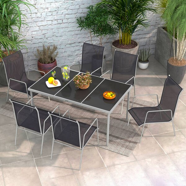 Set Tavolo con Top in Vetro 6 Sedie Impilabili da Giardino in Acciaio e Textilene Nero
