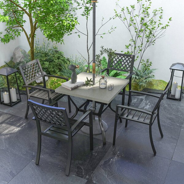 Set Tavolo Quadrato Effetto Marmo con 4 Sedie Impilabili da Giardino in Acciaio Grigio