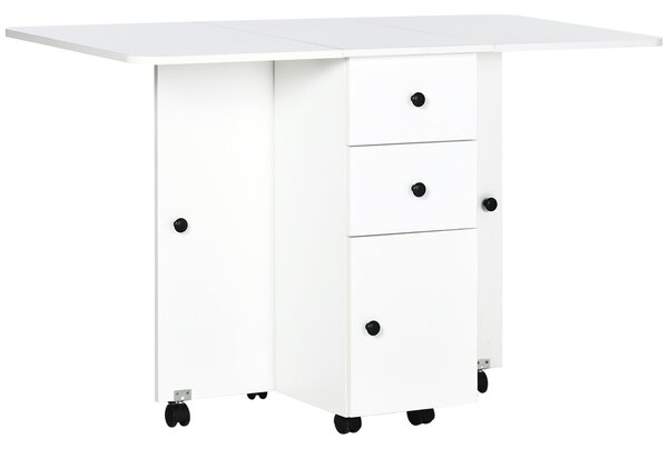 Tavolo a Ribalta per 6 Persone max con 2 Cassetti Armadietto e Ripiano 120x60x76,5 cm in Truciolato Bianco