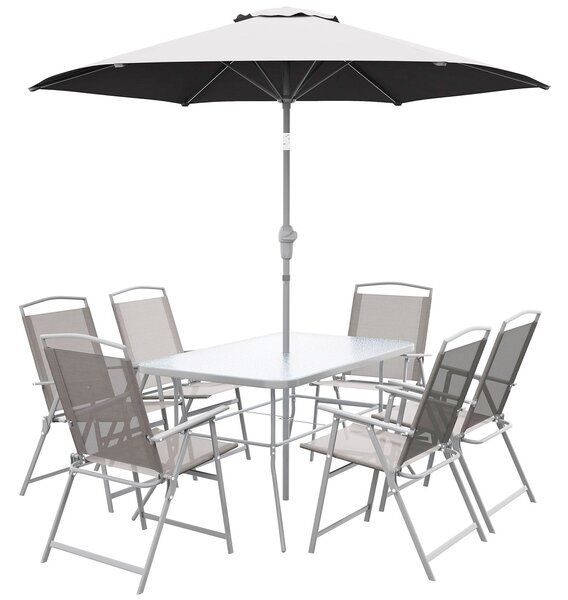 Set Tavolo con Top in Vetro 6 Sedie Pieghevoli e Ombrellone a Manovella da Giardino in Metallo e Rete Grigio