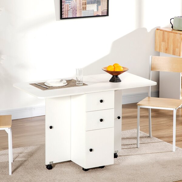 Tavolo a Ribalta per 6 Persone max con 2 Cassetti Armadietto e Ripiano 120x60x76,5 cm in Truciolato Bianco