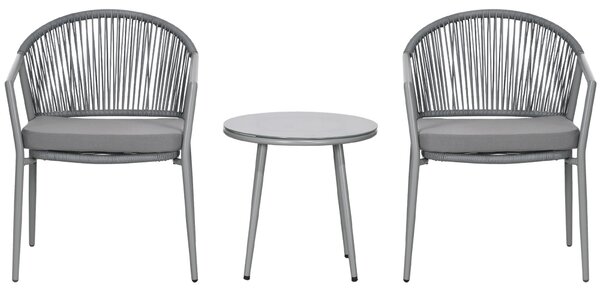Set Tavolino e 2 Sedie con Cuscini da Giardino in Rattan PE Grigio