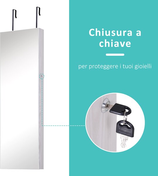 HOMCOM Specchiera Portagioielli con 6 Luci LED e Spazi Portaoggetti in Legno e Vetro, 37x120x10 cm, color Legno Bianco