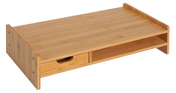 Supporto Monitor con Spazio per Mouse e Tastiera e Ripiano con Cubo Portaoggetti 49x25,5x11,5 cm in Bambù