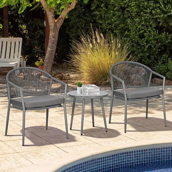 Set Tavolino e 2 Sedie con Cuscini da Giardino in Rattan PE Grigio