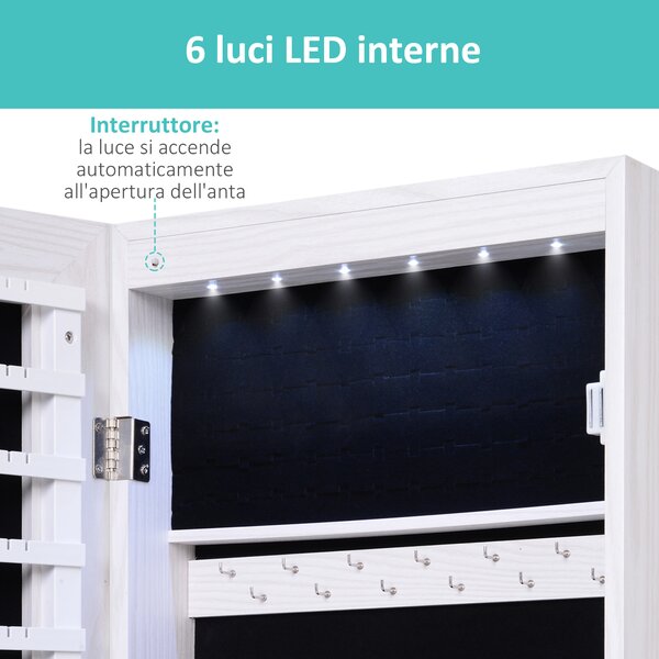 HOMCOM Specchiera Portagioielli con 6 Luci LED e Spazi Portaoggetti in Legno e Vetro, 37x120x10 cm, color Legno Bianco