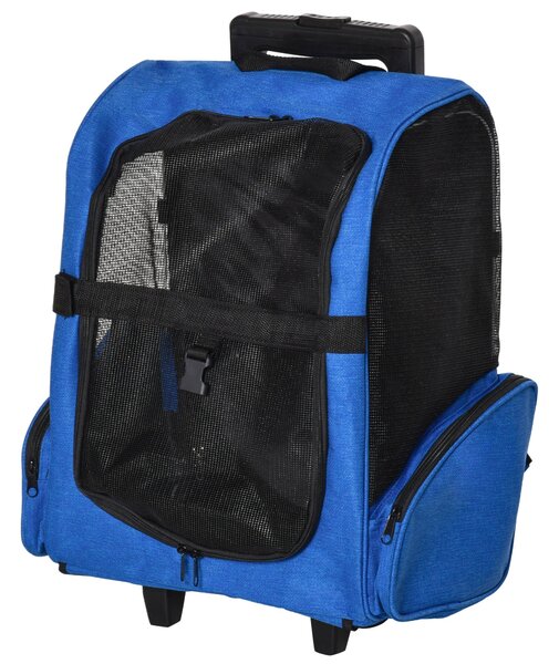 Trasportino Zaino 2 in 1 per Cani e Gatti 42x25x55 cm con Tasche e Maniglia Telescopica Blu