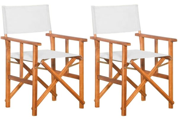 Set 2 Sedie Regista Pieghevoli Seduta e Schienale in Tessuto Bianco e Struttura Acacia