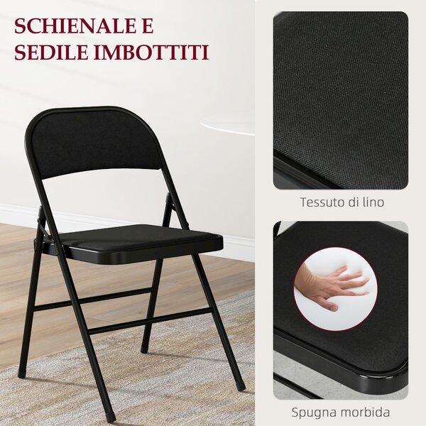 HOMCOM Set di 4 Sedie Pieghevoli con Seduta Imbottita in poliestere e Struttura in Acciaio, Nero