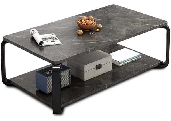 Tavolino Basso da Caffè a 2 Livelli Design Luxury Effetto Marmo Nero e Grigio