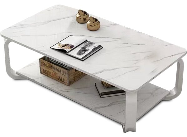 Tavolino Basso da Caffè 100x48x43 cm 2 Livelli Design Luxury Effetto Marmo Bianco